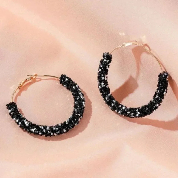 NEW Gold Black & Gray Sequin Hoop Earrings - Picture 3 of 4